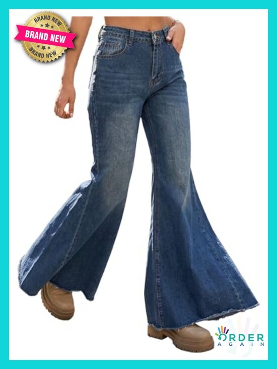 Denim - Womens Bell Bottom Jeans Low-Rise Denim Pants Trendy Stretch Raw Hem Y2K Jeans